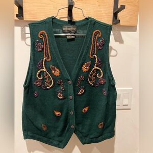 Vintage Requirements Green Knit Button Up Paisley Embroidered Vest